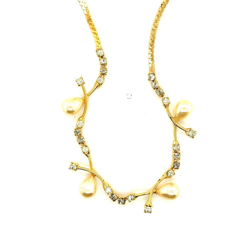PCI Gold Tone Rhinestone and Faux Pearl Vine Bib Necklace 18 Inch